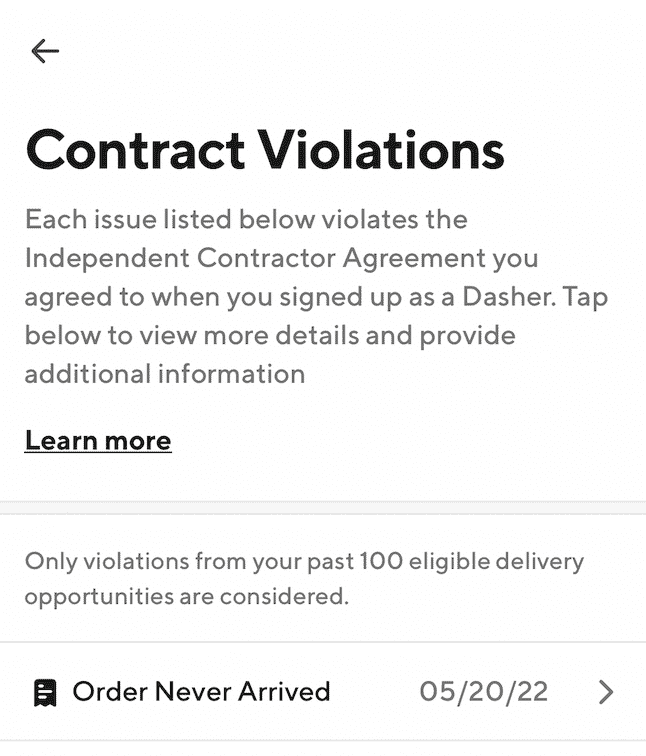 doordash contract violations